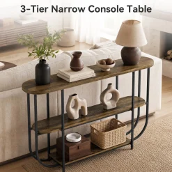 63" Console Table, 3-Tier Narrow Entryway Table with Curved Metal Frame