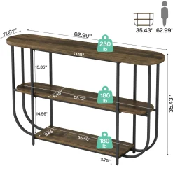 63" Console Table, 3-Tier Narrow Entryway Table with Curved Metal Frame