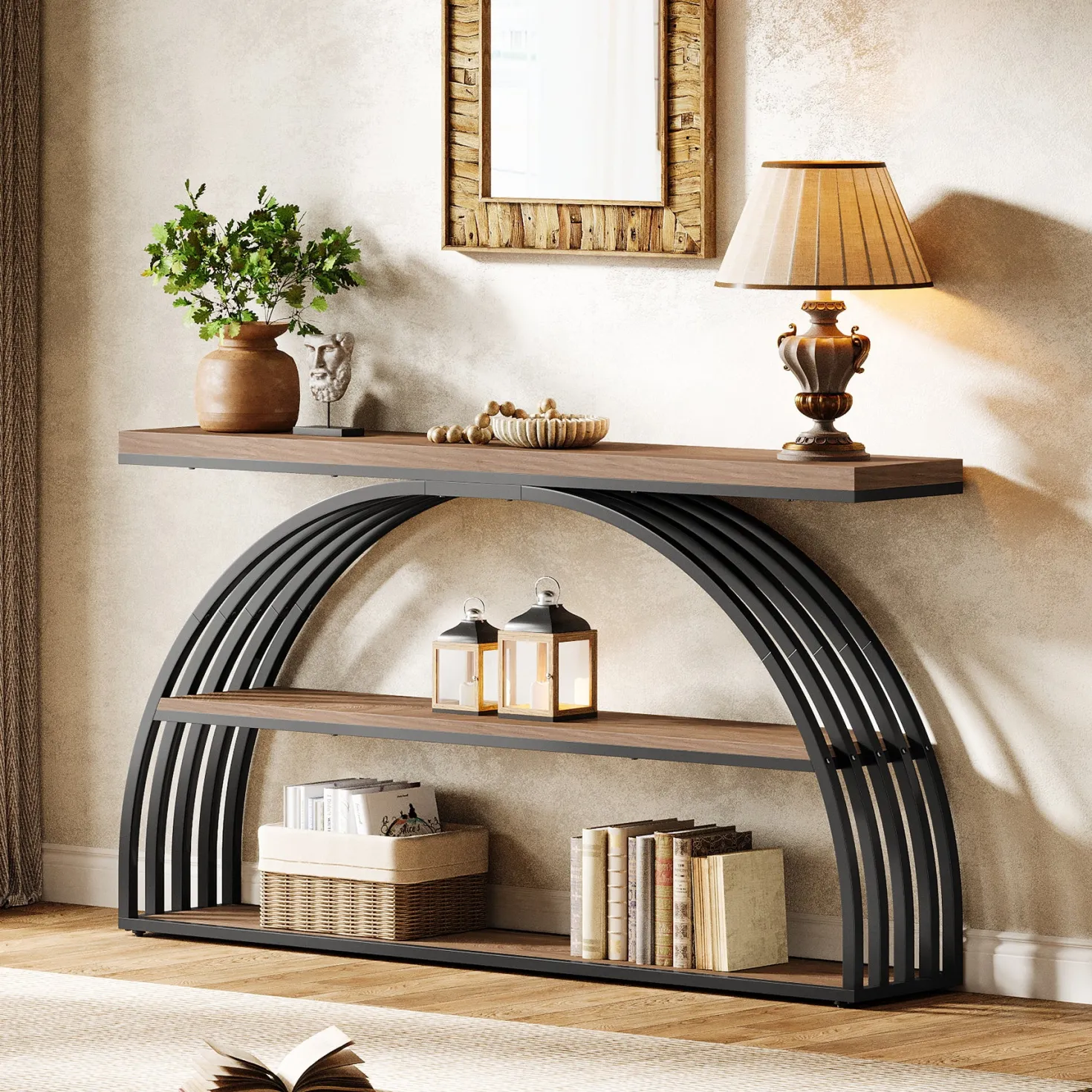 63" Console Table, 3-Tier Sofa Entryway Table with Arched Frame