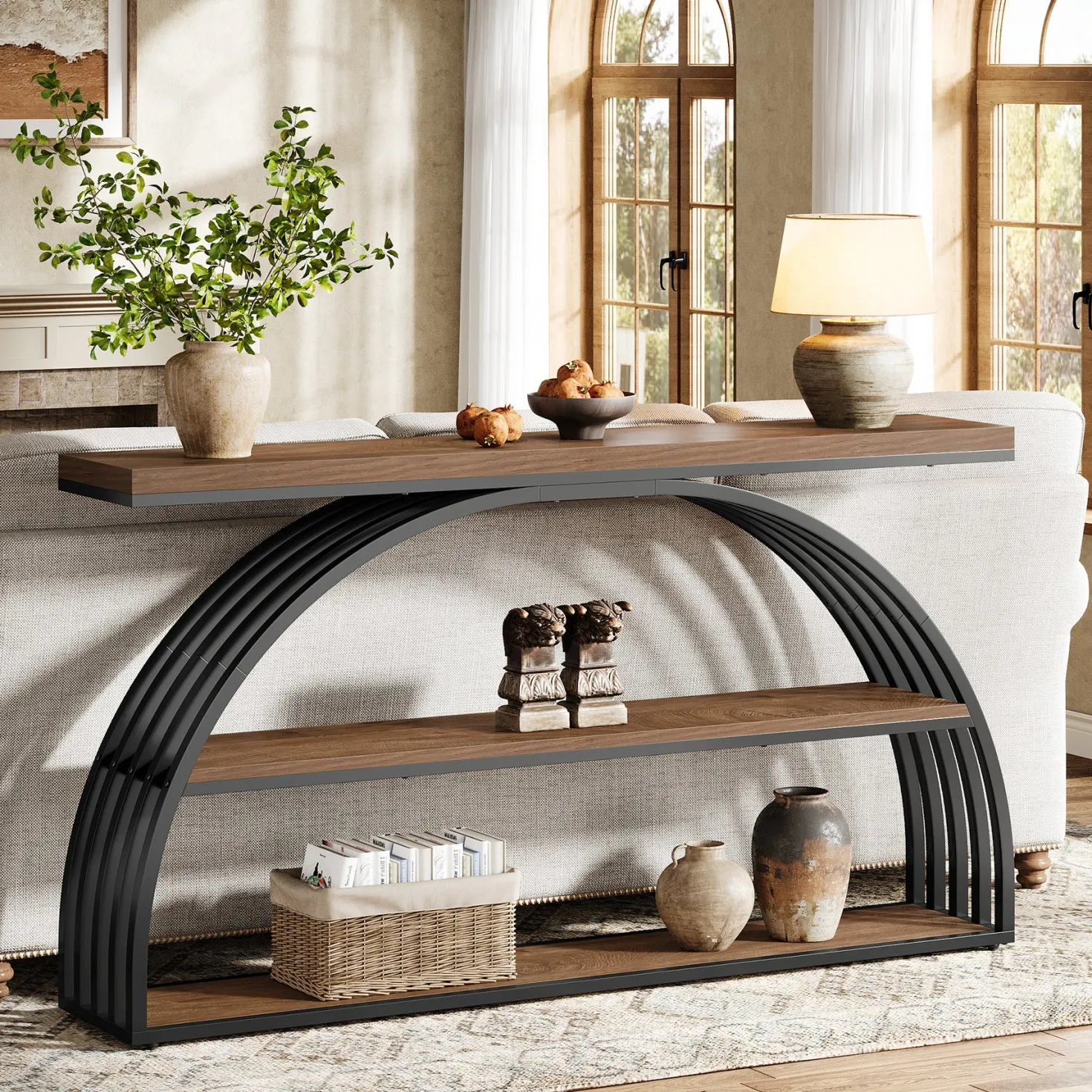 63" Console Table, 3-Tier Sofa Entryway Table with Arched Frame