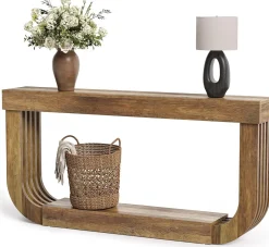 70.9" Console Table, 2-Tier Sofa Table with Heavy Duty U-Shaped Pedestal