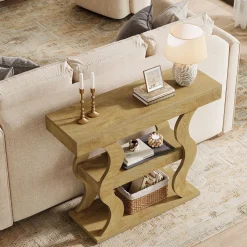 41" Console Table, 3-Tier Sofa Table with Storage Shelves and Curved Frame