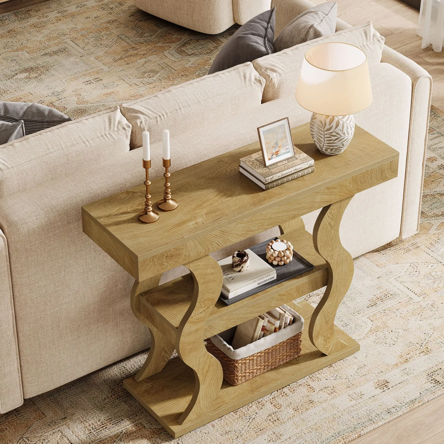 41" Console Table, 3-Tier Sofa Table with Storage Shelves and Curved Frame