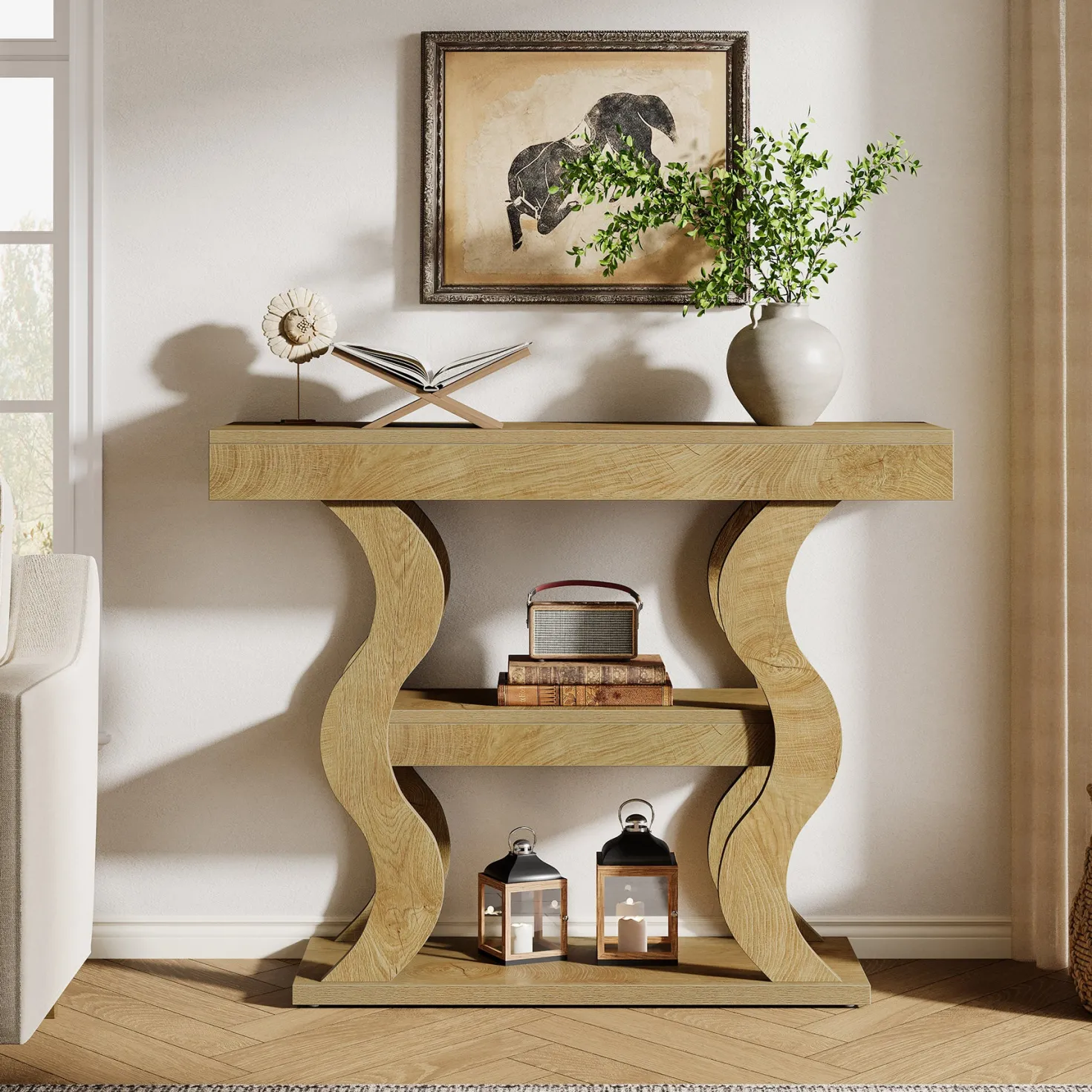 41" Console Table, 3-Tier Sofa Table with Storage Shelves and Curved Frame