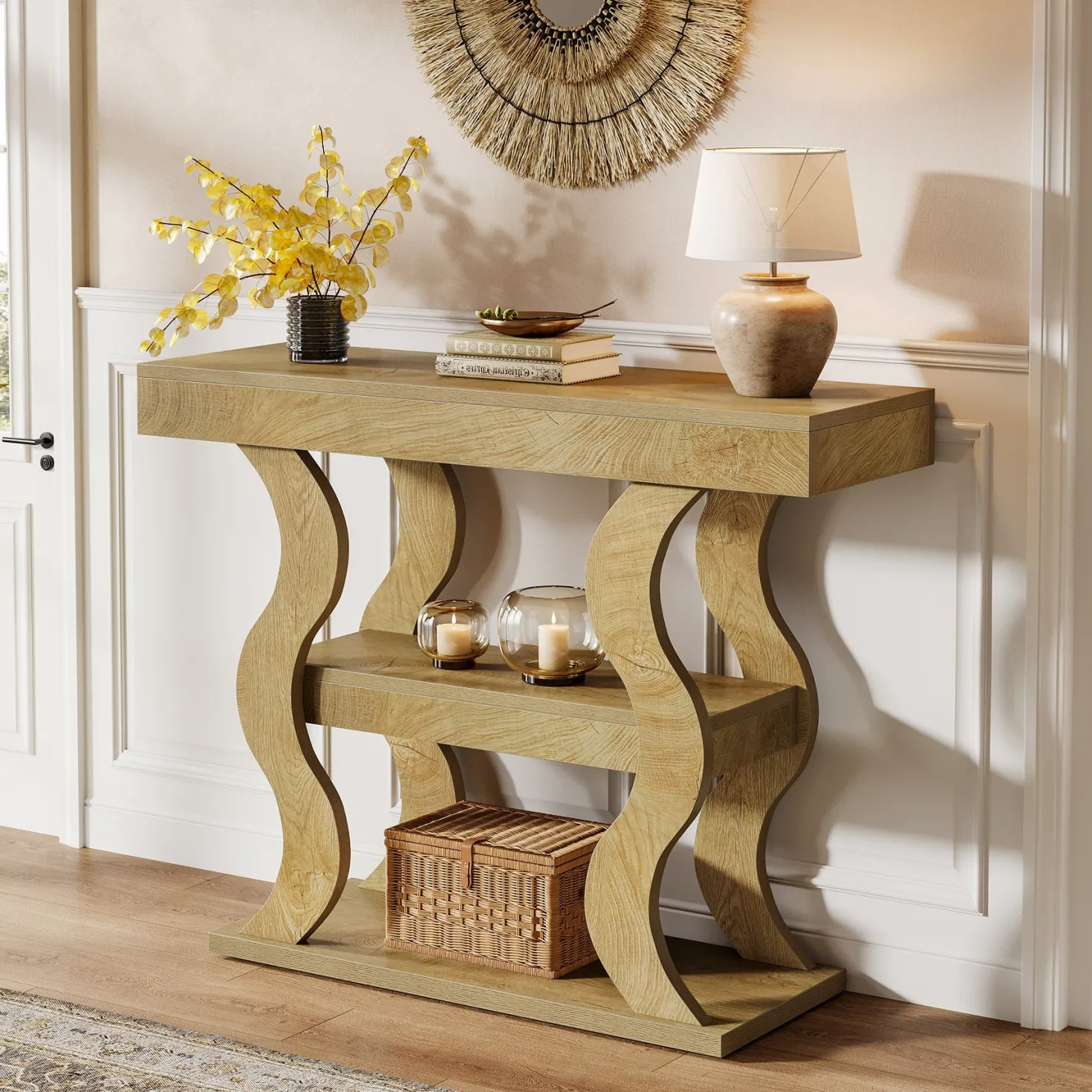 41" Console Table, 3-Tier Sofa Table with Storage Shelves and Curved Frame