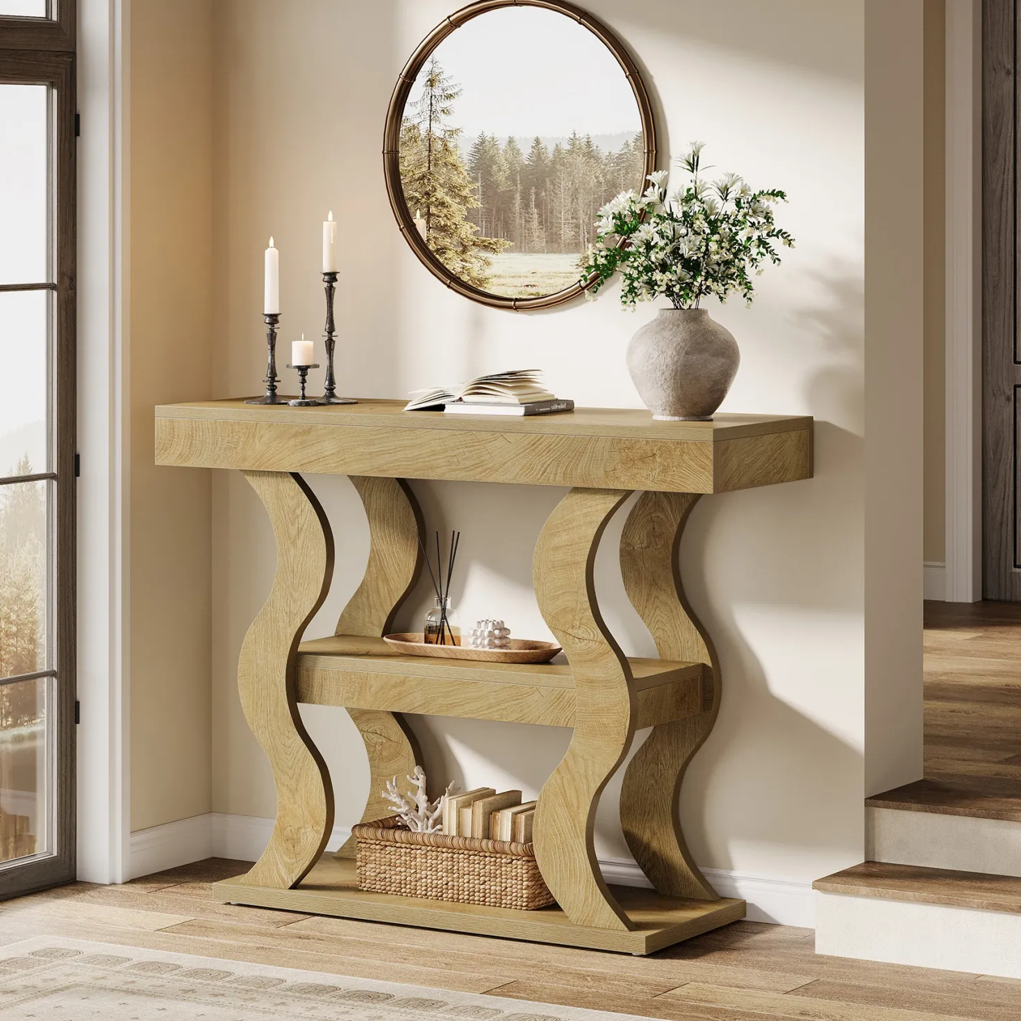 41" Console Table, 3-Tier Sofa Table with Storage Shelves and Curved Frame