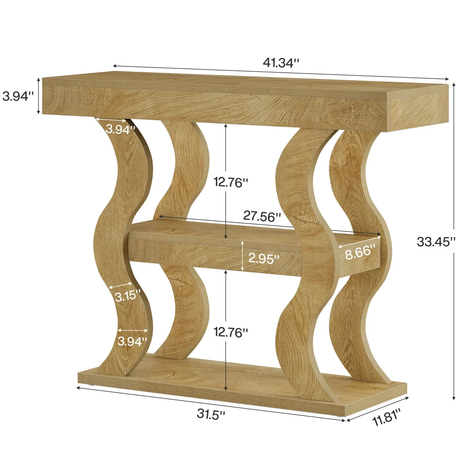 41" Console Table, 3-Tier Sofa Table with Storage Shelves and Curved Frame
