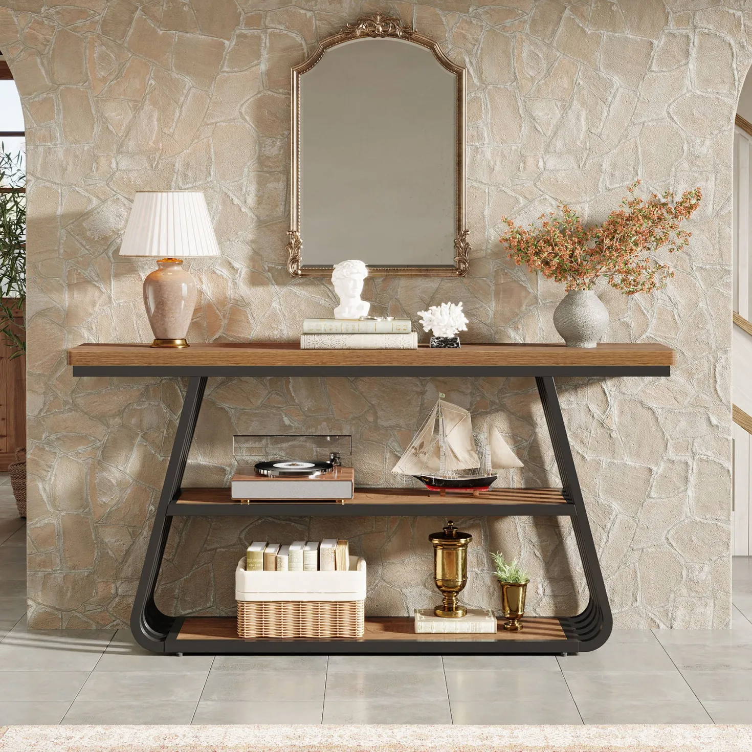 55" Console Table, 3-Tier Sofa Table With Iron Frame For Living Room