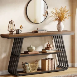 55" Console Table, 3-Tier Sofa Table With Iron Frame For Living Room