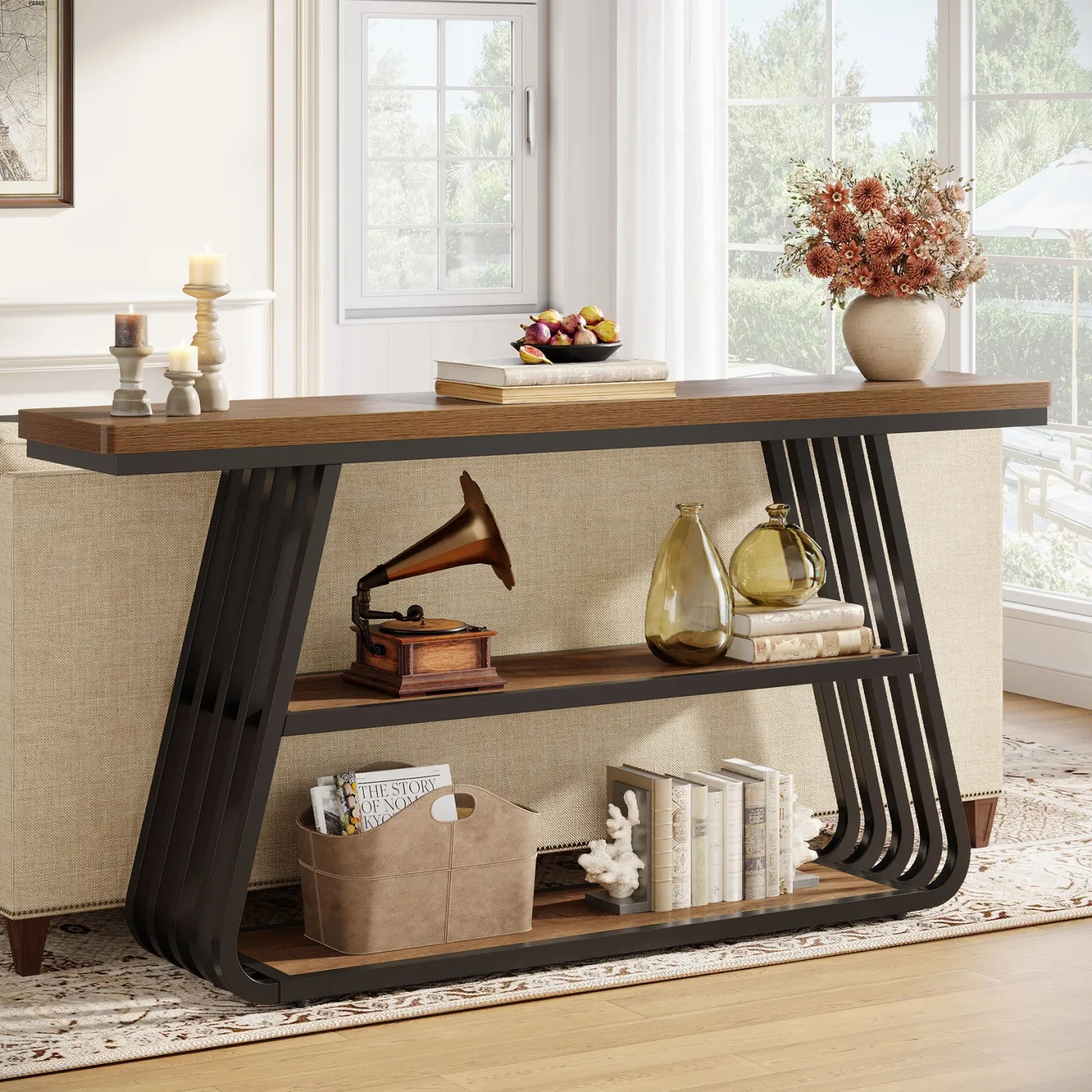 55" Console Table, 3-Tier Sofa Table With Iron Frame For Living Room