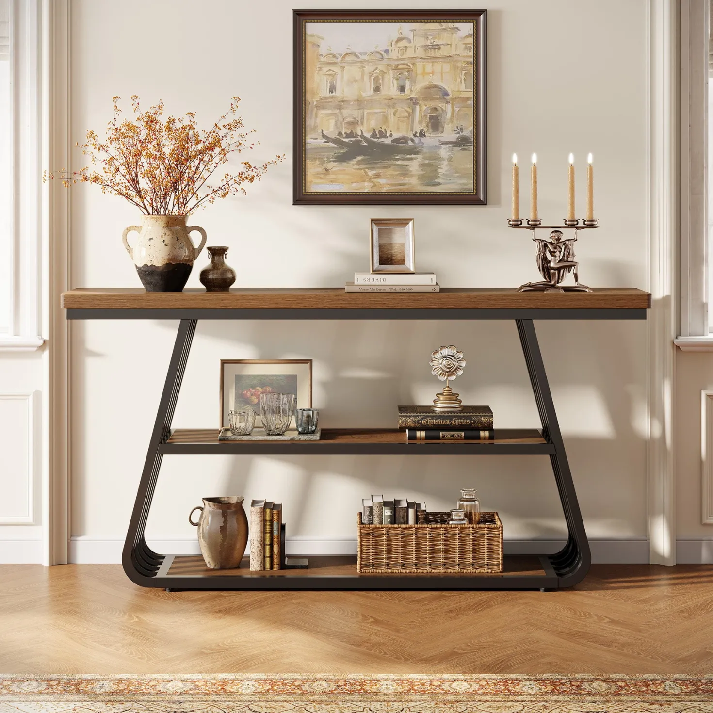 55" Console Table, 3-Tier Sofa Table With Iron Frame For Living Room