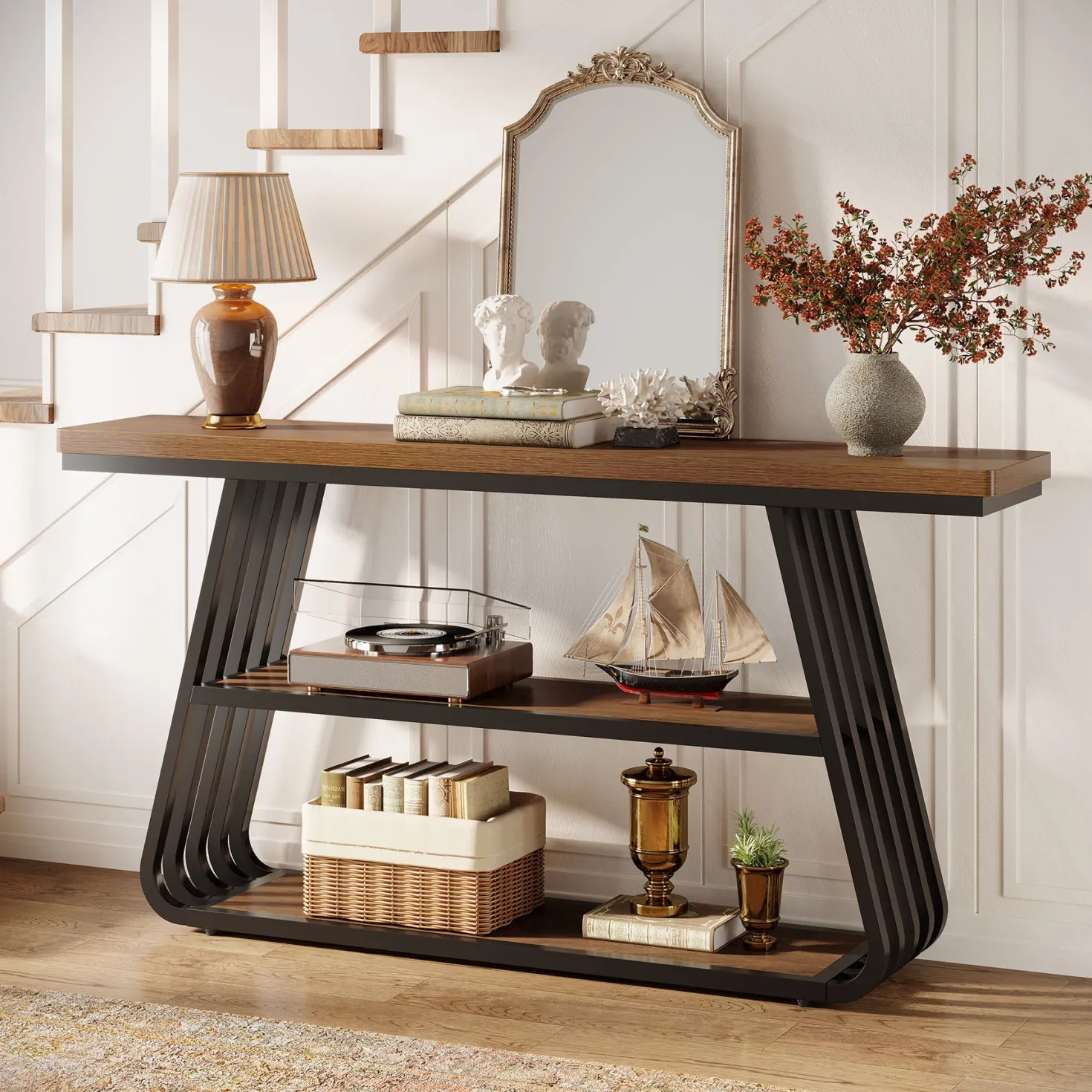 55" Console Table, 3-Tier Sofa Table With Iron Frame For Living Room