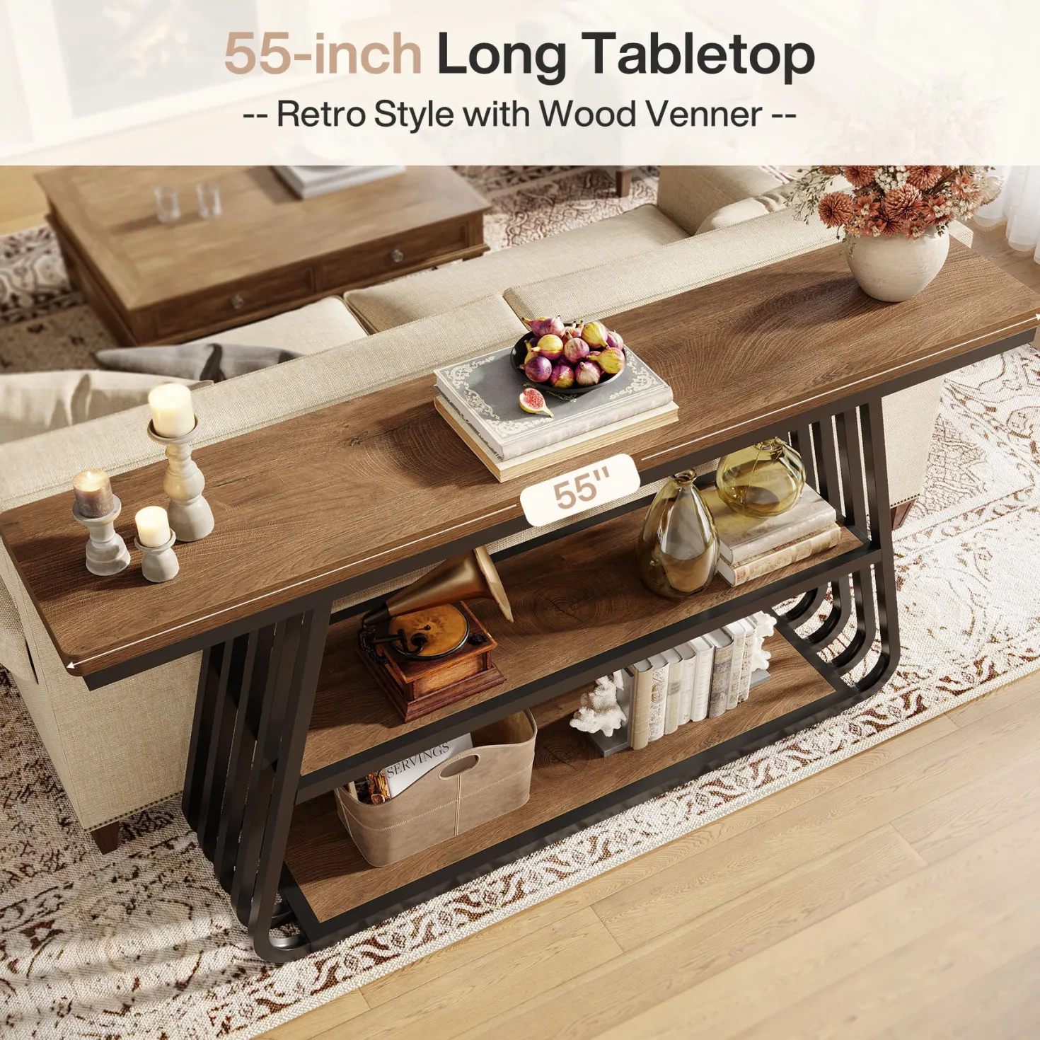 55" Console Table, 3-Tier Sofa Table With Iron Frame For Living Room