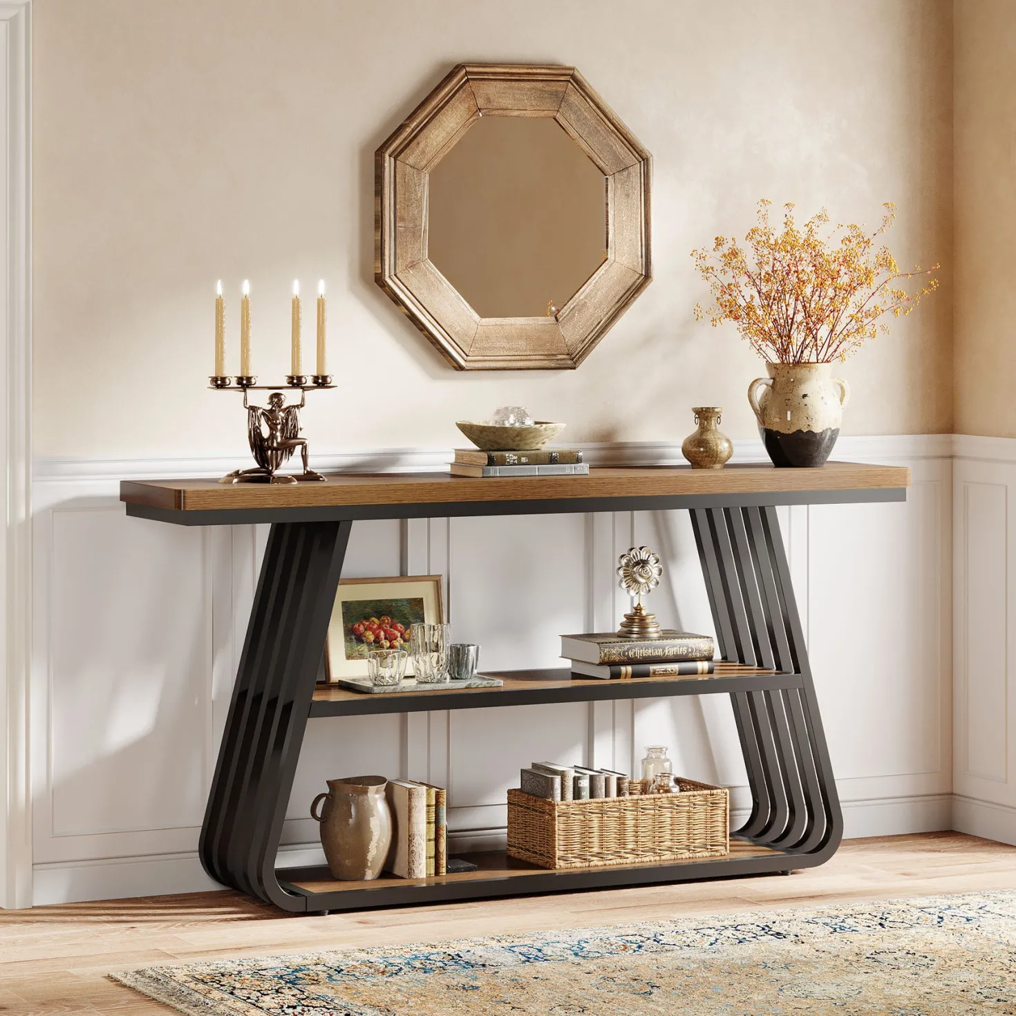 55" Console Table, 3-Tier Sofa Table With Iron Frame For Living Room