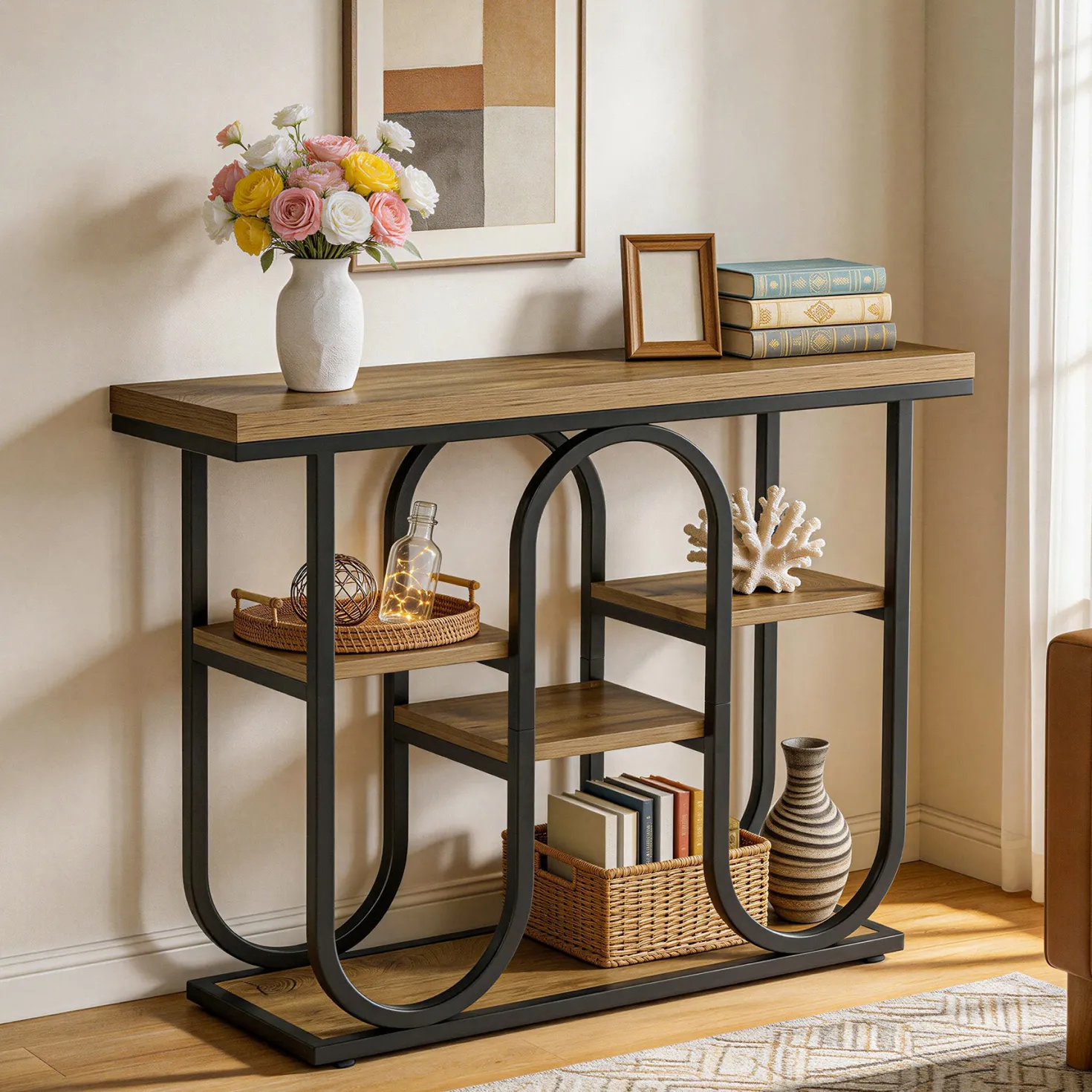 41.3" Console Table, 4-Tier Sofa Table Entryway Table with Open Shelves