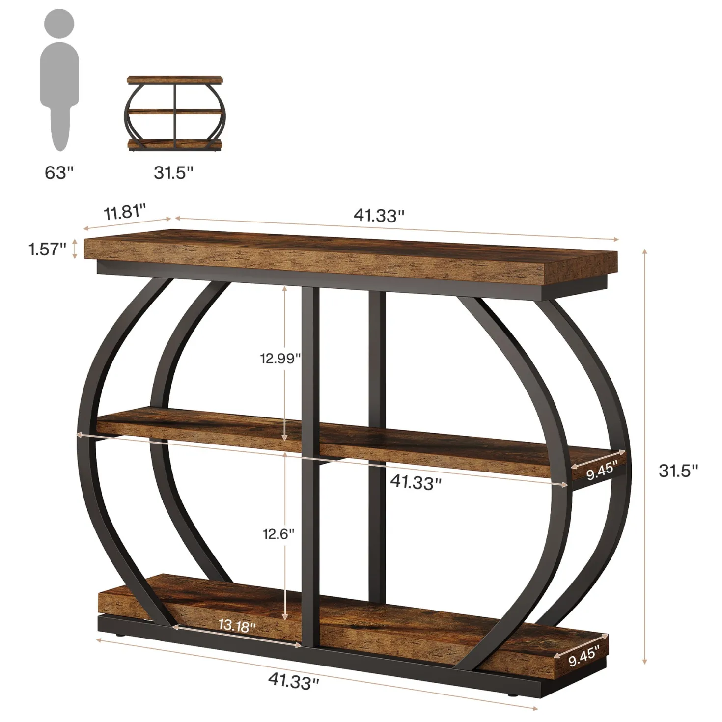 41" Console Table, 3-Tier Sofa Entryway Table with Storage Shelves