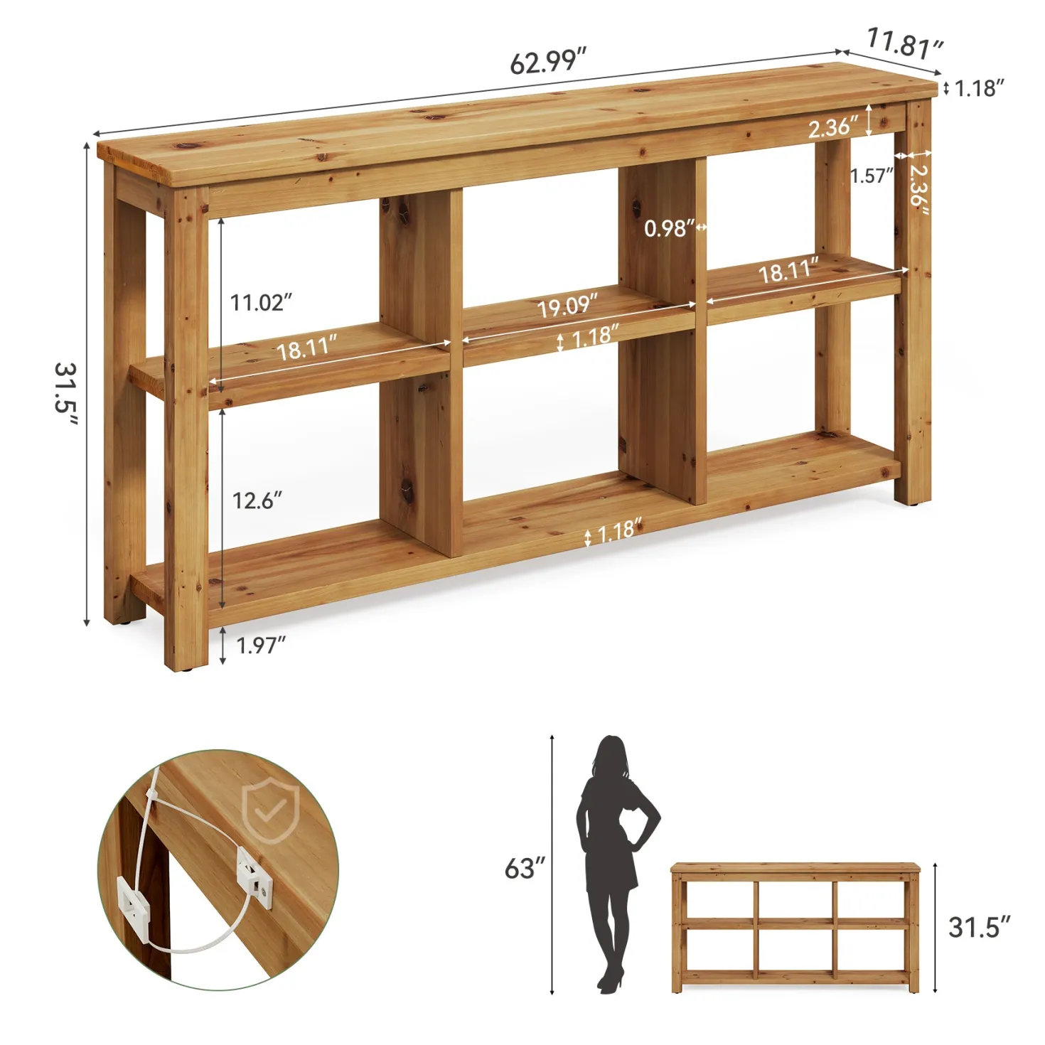 63" Console Table, 3-Tier Solid Wood Sofa Table with 6 Storage Cubes