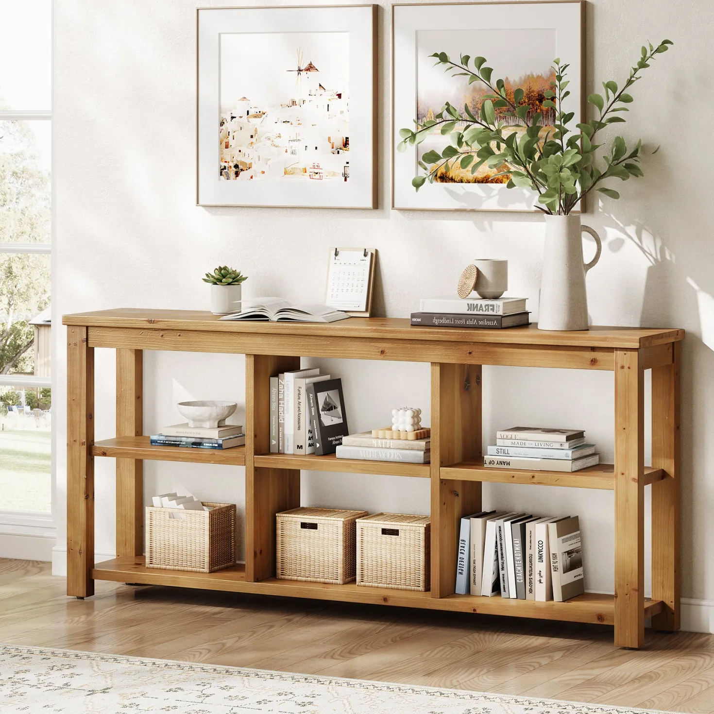 63" Console Table, 3-Tier Solid Wood Sofa Table with 6 Storage Cubes