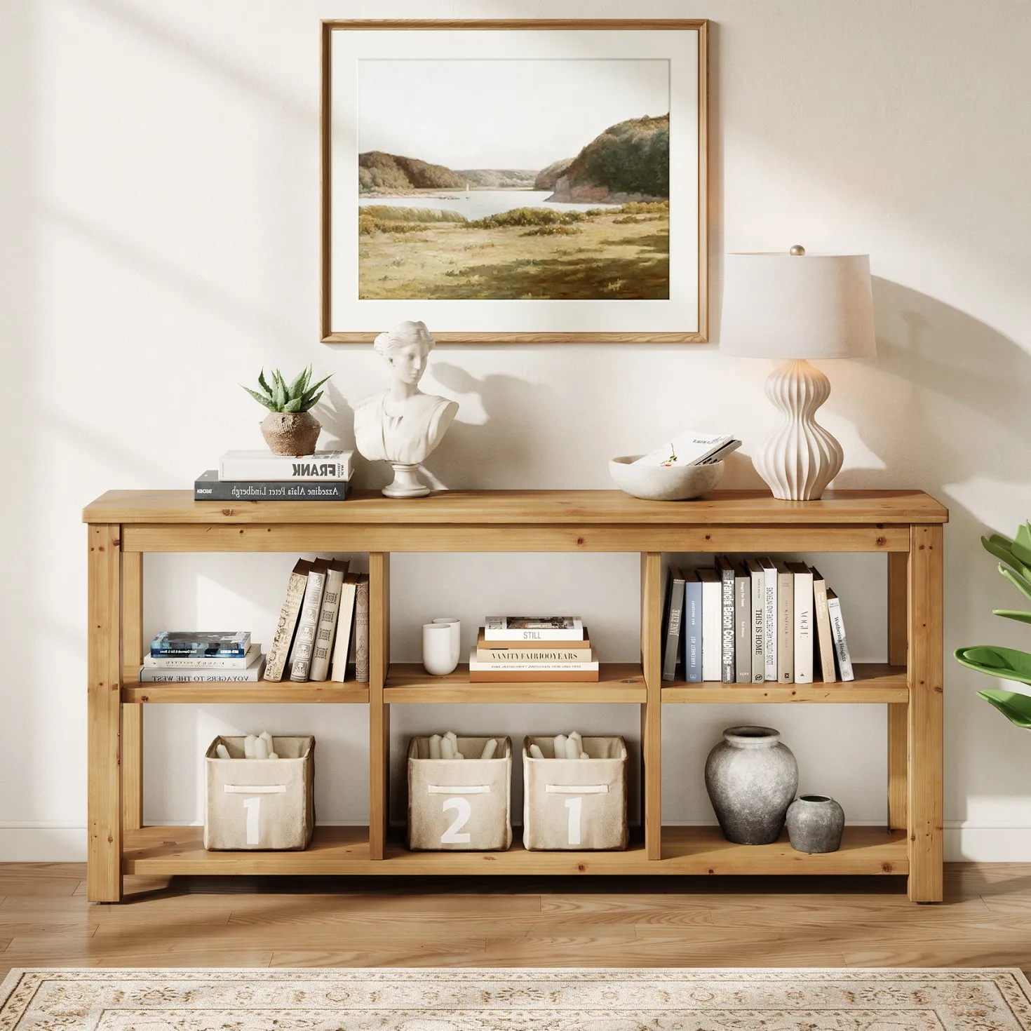 63" Console Table, 3-Tier Solid Wood Sofa Table with 6 Storage Cubes