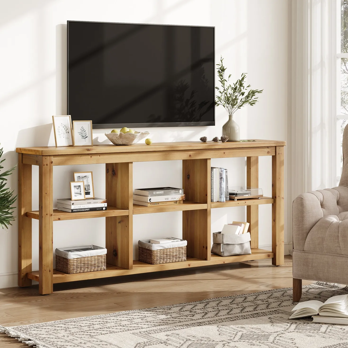 63" Console Table, 3-Tier Solid Wood Sofa Table with 6 Storage Cubes