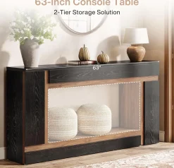 63" Console Table, 2-Tier Wooden Rectangular Sofa Table Hallway Table