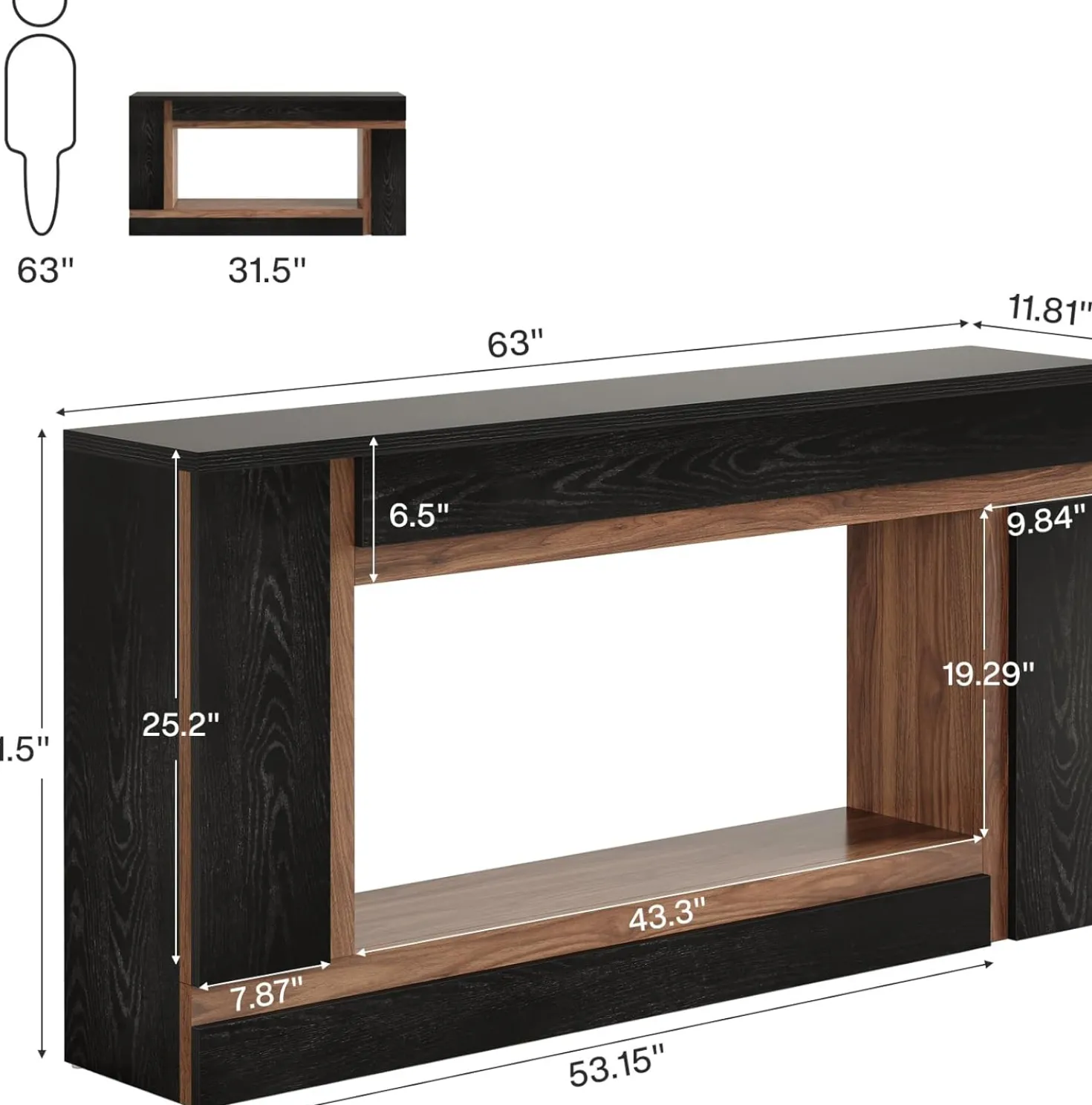63" Console Table, 2-Tier Wooden Rectangular Sofa Table Hallway Table