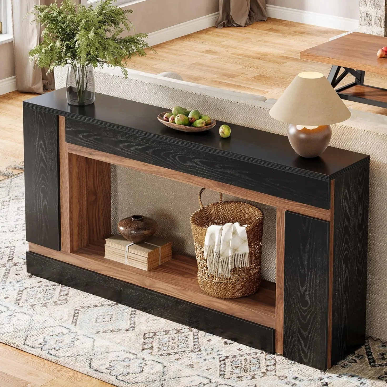 63" Console Table, 2-Tier Wooden Rectangular Sofa Table Hallway Table
