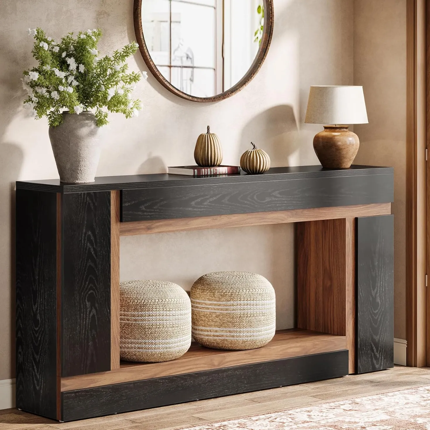 63" Console Table, 2-Tier Wooden Rectangular Sofa Table Hallway Table