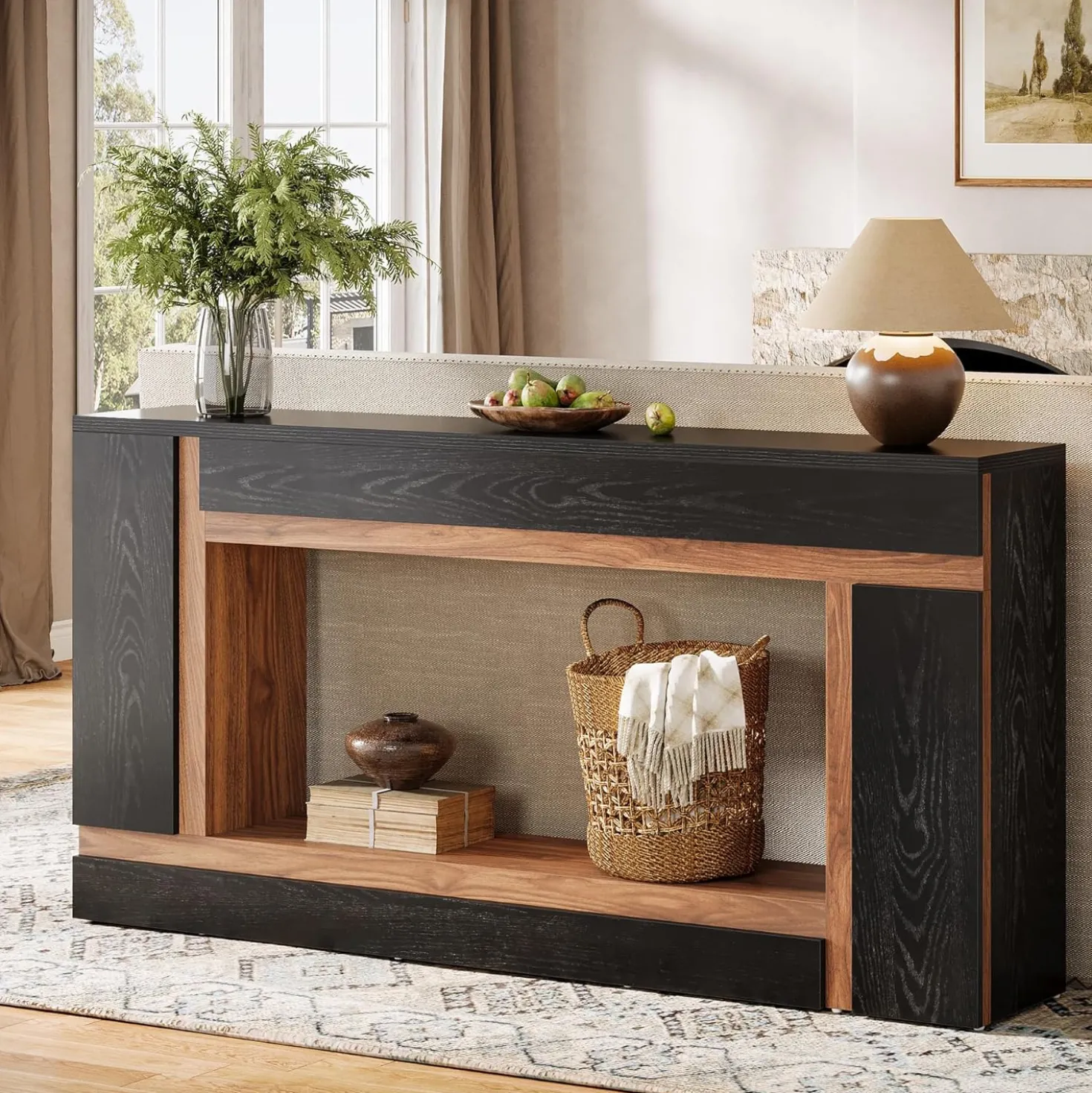 63" Console Table, 2-Tier Wooden Rectangular Sofa Table Hallway Table