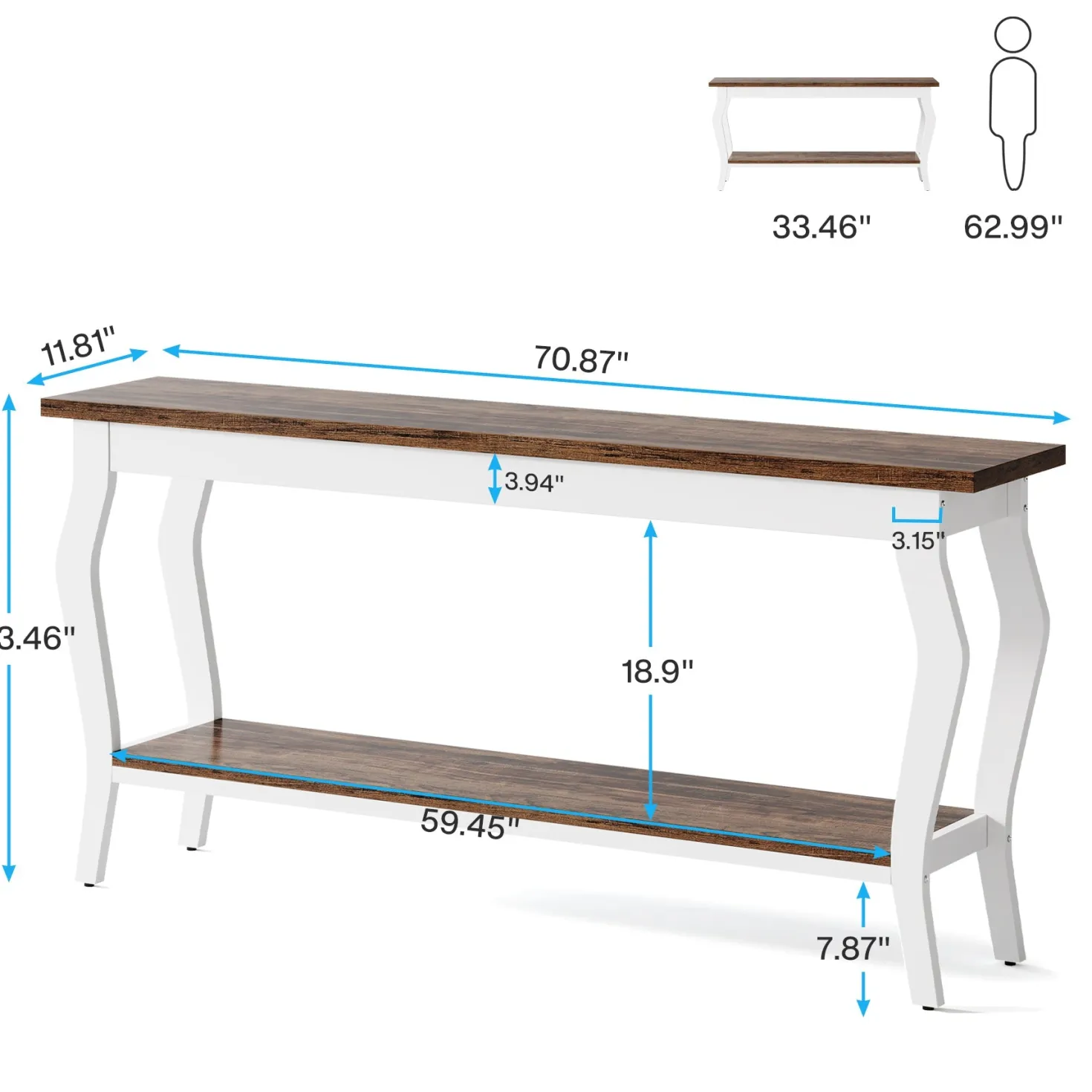 70.9" Console Table, Vintage Sofa Table with 2-Tier Storage