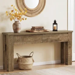 63" Console Table with 2 Drawers, Farmhouse Entryway Sofa Table Behind Couch