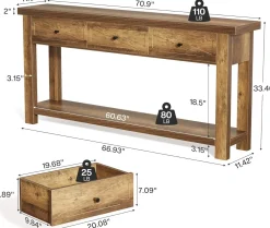 70.9” Console Table with 3 Drawers, Narrow Entryway Table with Storage Shelf