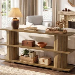 63" Console Table with Storage Shelves, Long Narrow Entryway Sofa Table with 3-Tier Shelving