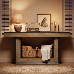63" Console Table with U-Shaped Base, 2-Tier Narrow Sofa Table for Entryway