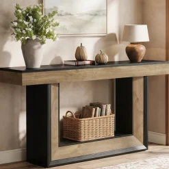 63" Console Table with U-Shaped Base, 2-Tier Narrow Sofa Table for Entryway