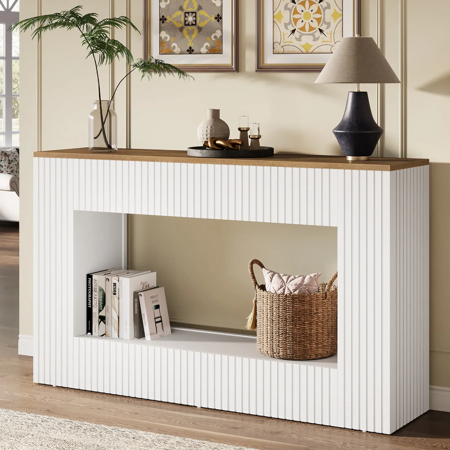 55" Console Table, Wood Entryway Table Sofa Table with Storage