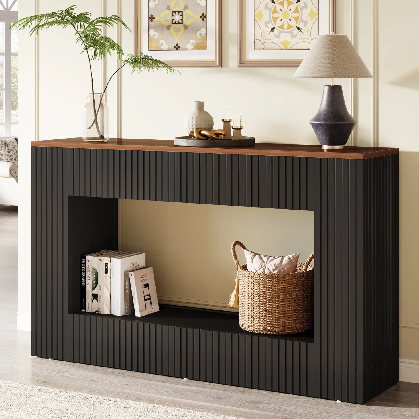 55" Console Table, Wood Entryway Table Sofa Table with Storage