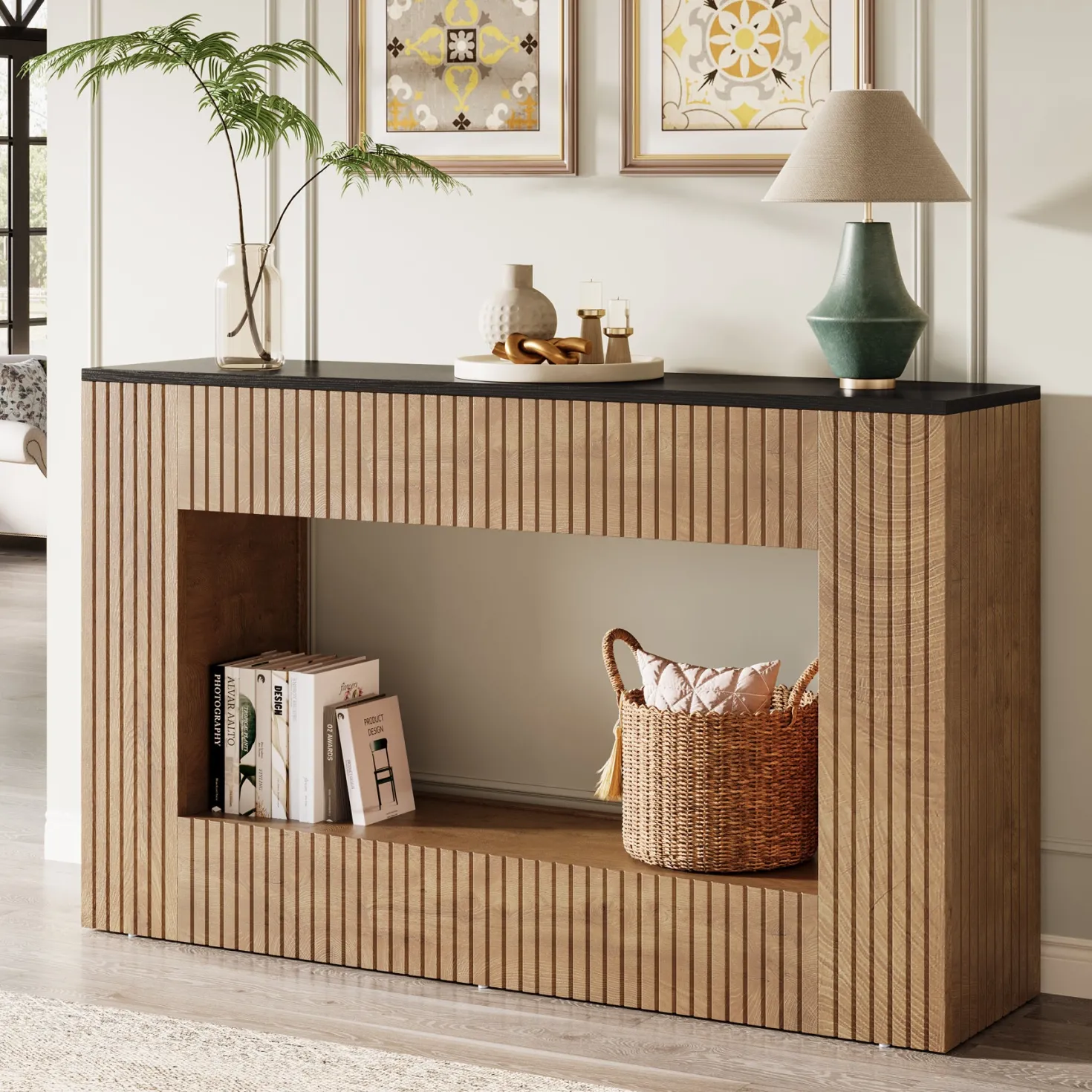 55" Console Table, Wood Entryway Table Sofa Table with Storage