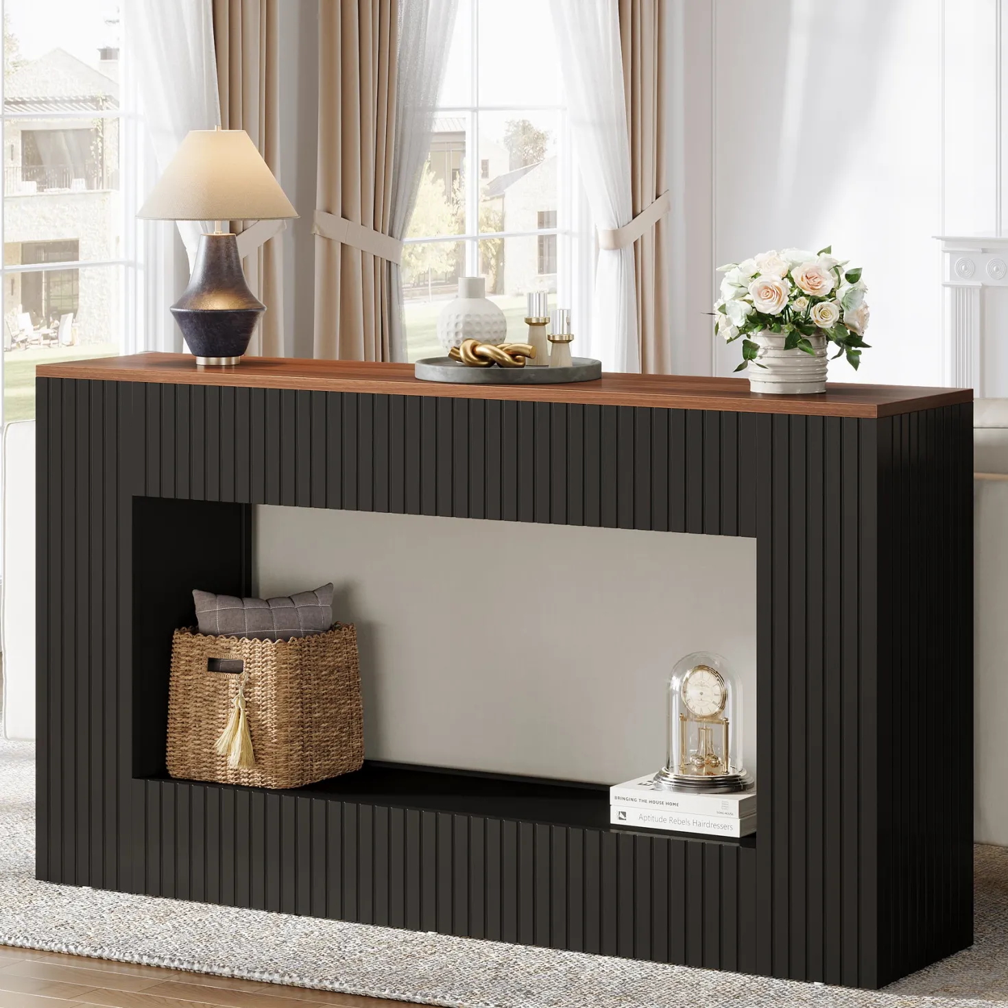 55" Console Table, Wood Entryway Table Sofa Table with Storage