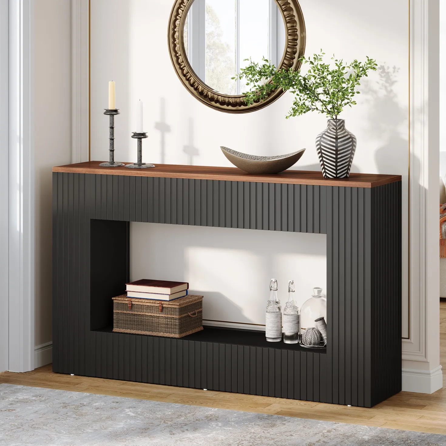 55" Console Table, Wood Entryway Table Sofa Table with Storage