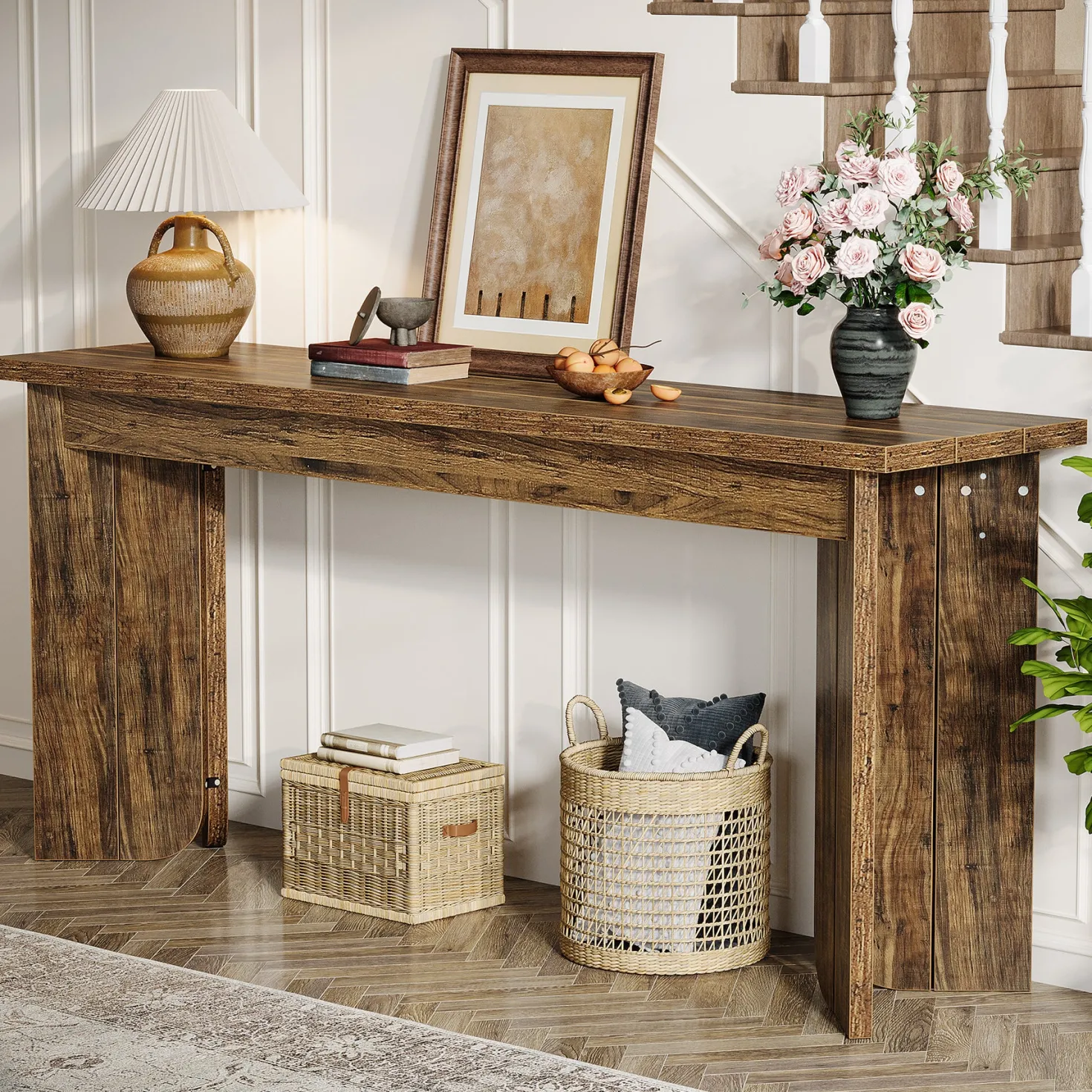 70.9" Console Table, Wood Sofa Table Hallway Table with Double Pedestal