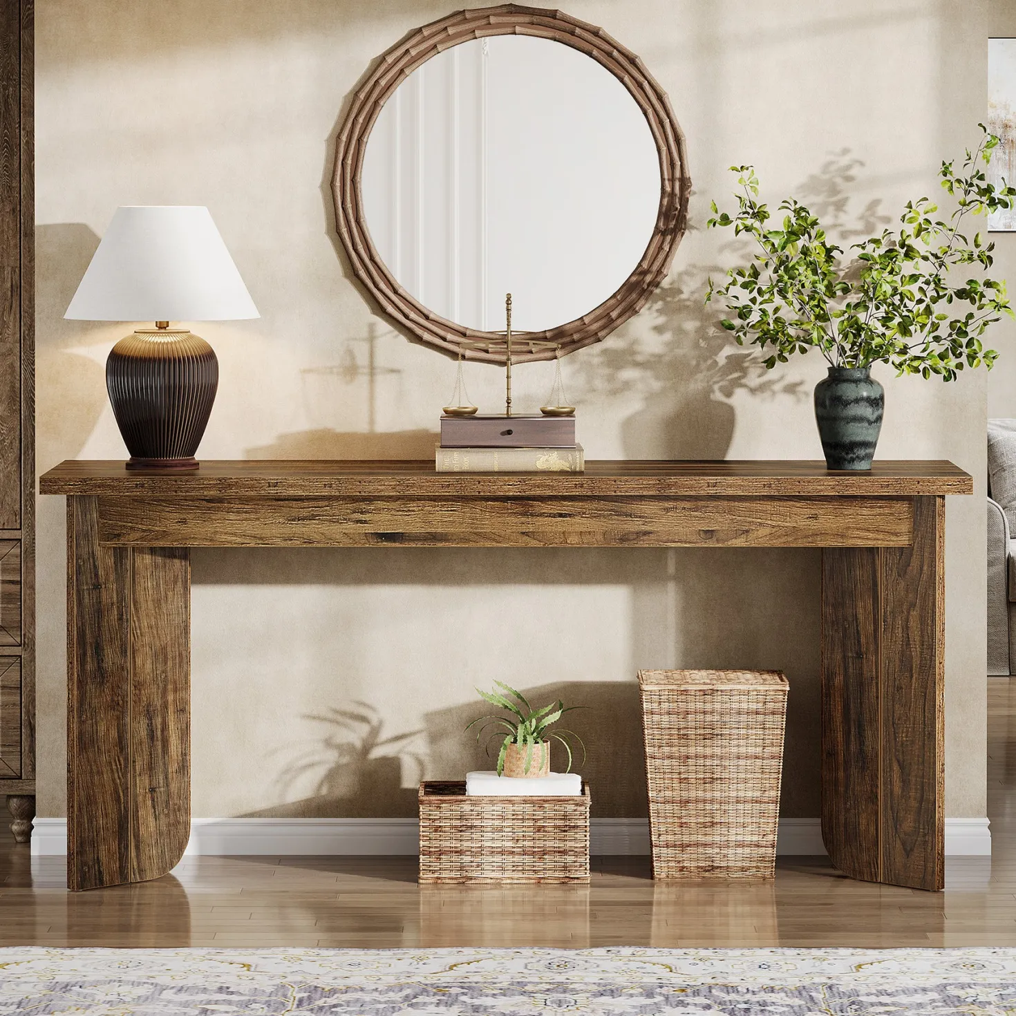 70.9" Console Table, Wood Sofa Table Hallway Table with Double Pedestal