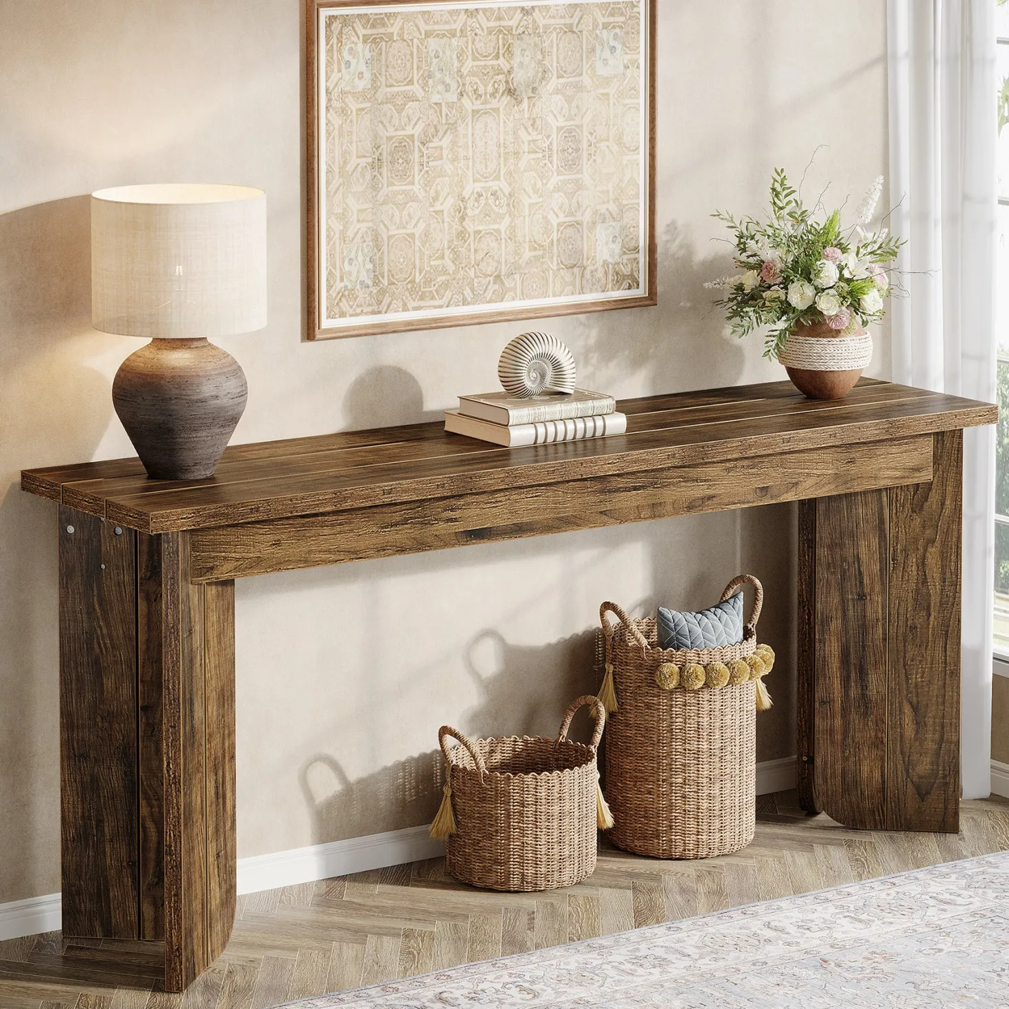 70.9" Console Table, Wood Sofa Table Hallway Table with Double Pedestal