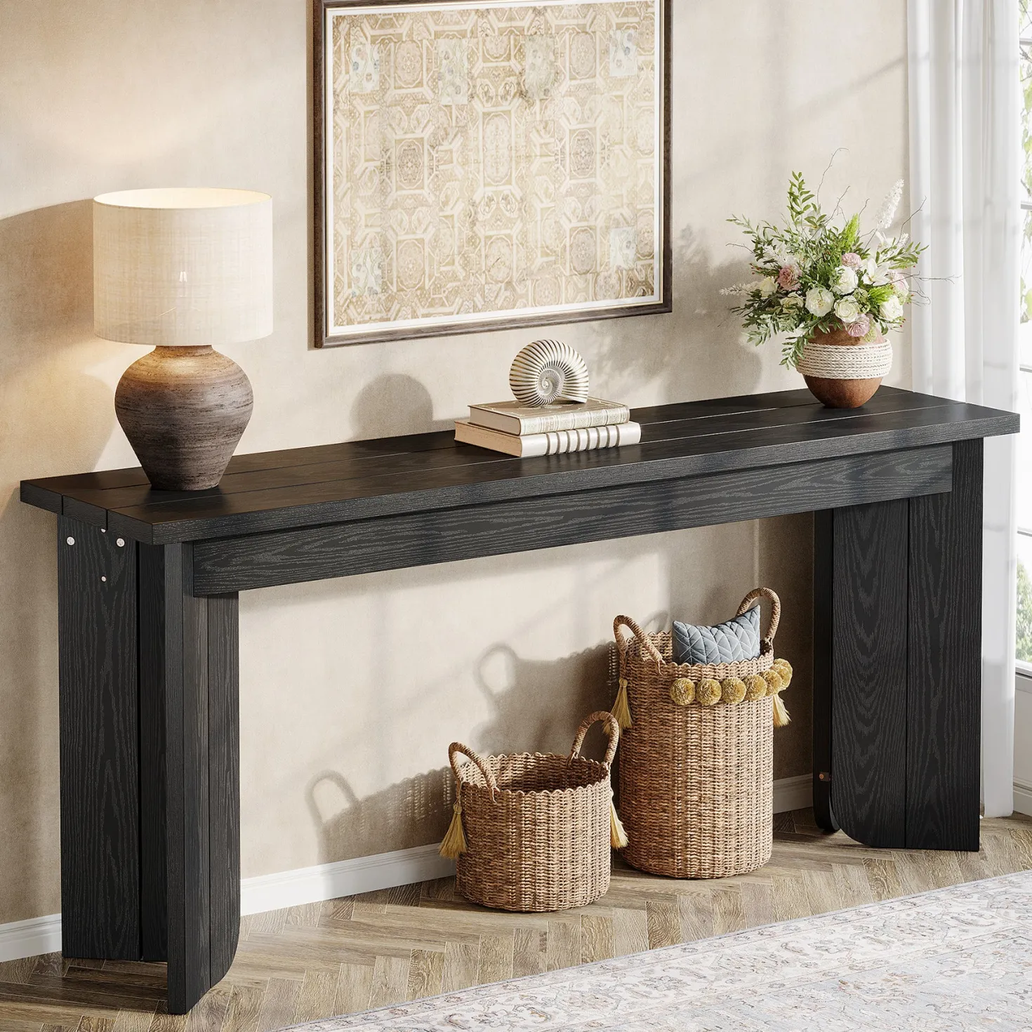 70.9" Console Table, Wood Sofa Table Hallway Table with Double Pedestal
