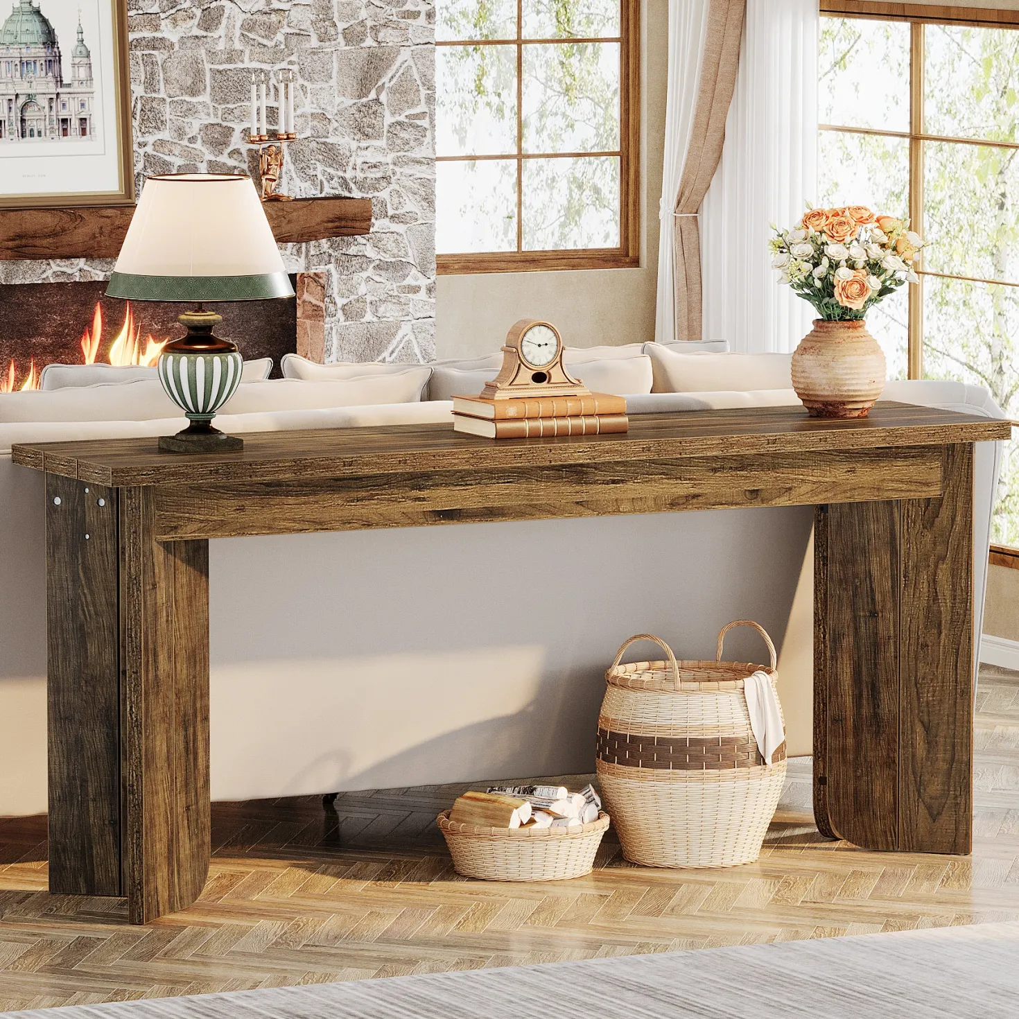 70.9" Console Table, Wood Sofa Table Hallway Table with Double Pedestal