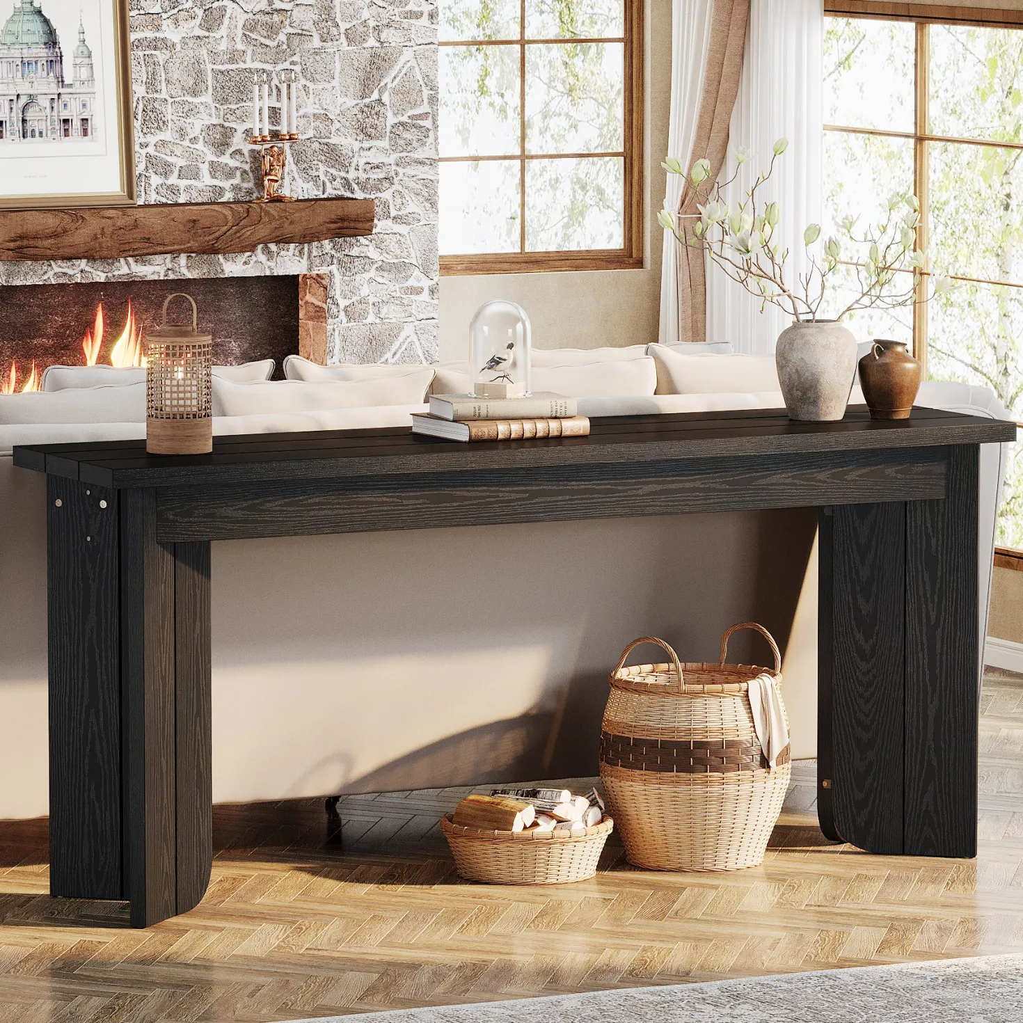 70.9" Console Table, Wood Sofa Table Hallway Table with Double Pedestal