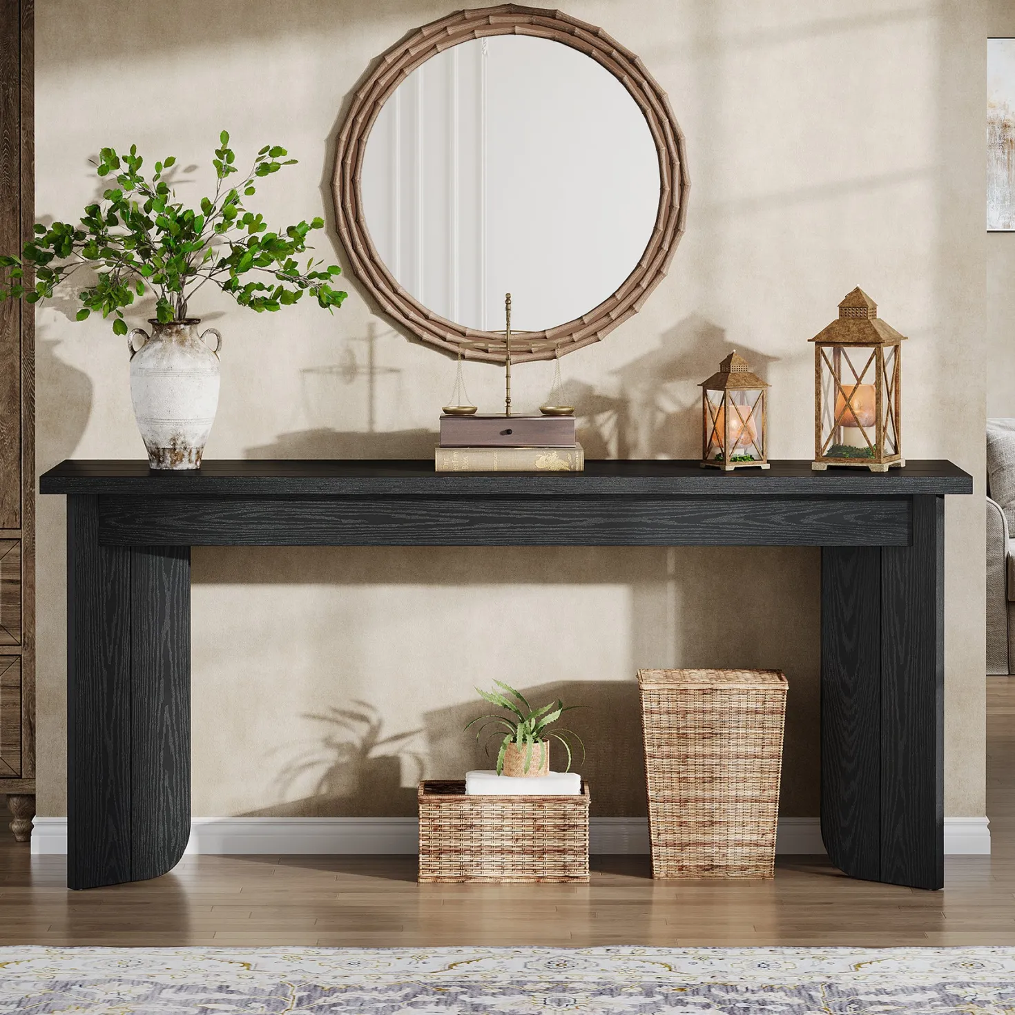 70.9" Console Table, Wood Sofa Table Hallway Table with Double Pedestal
