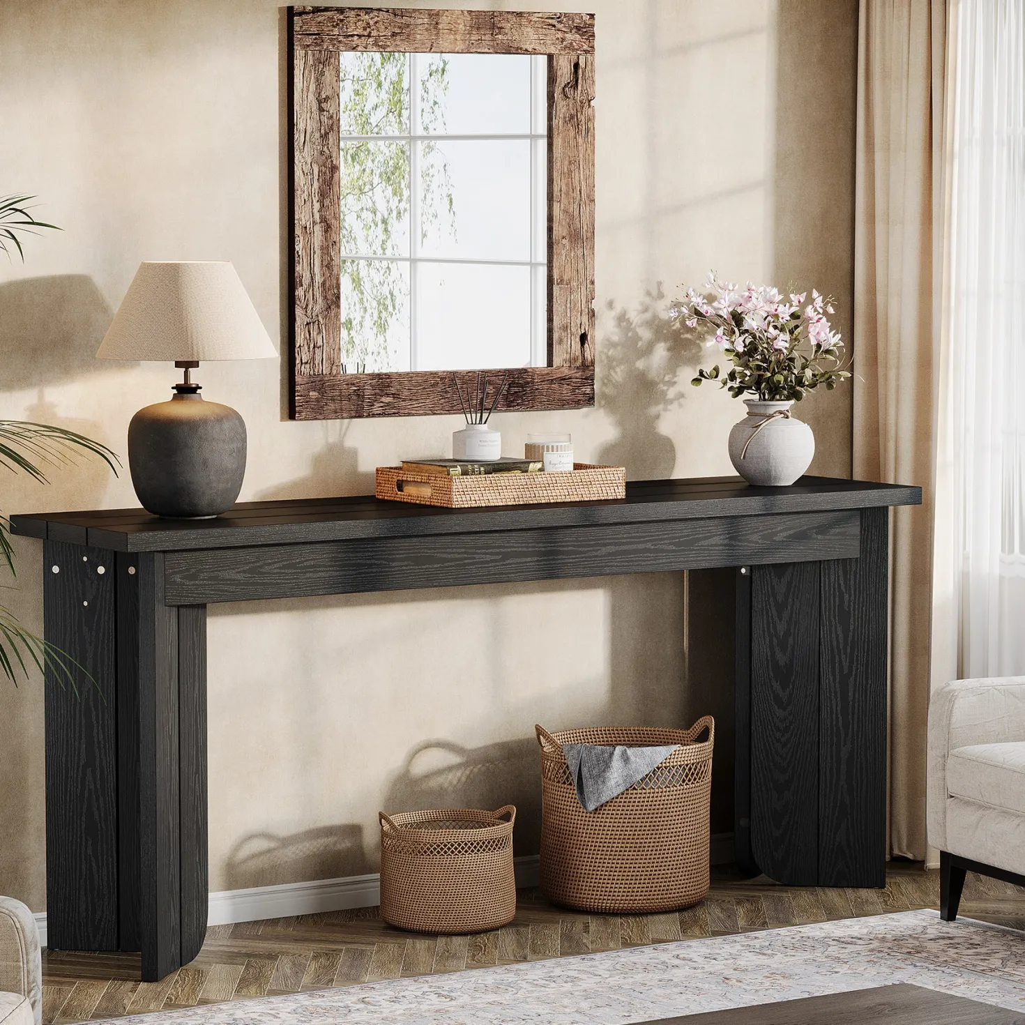 70.9" Console Table, Wood Sofa Table Hallway Table with Double Pedestal