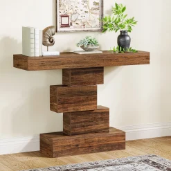 42" Console Table, Wood Sofa Table Accent Table with Geometric Base