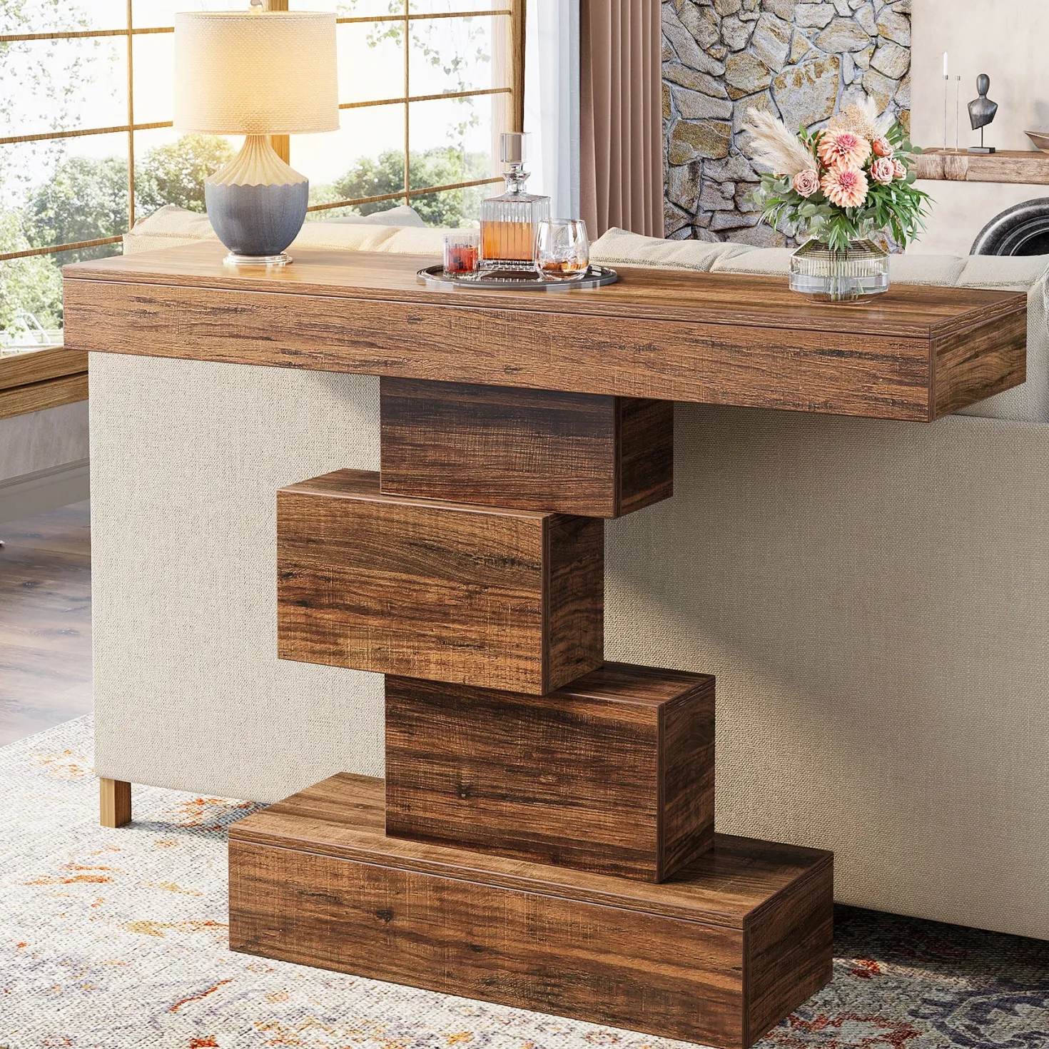 42" Console Table, Wood Sofa Table Accent Table with Geometric Base